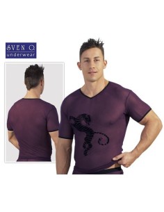 T-SHIRT VIOLA ATTILLATA IN TESSUTO SEMITRASPARENTE CON TIGRE