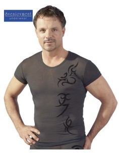 T-SHIRT IN TESSUTO SEMITRASPARENTE CON TATTOO TRIBALE