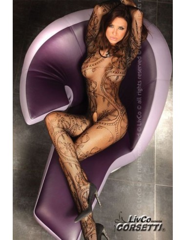 BODYSTOCKING ROSA CON RICAMI A MOTIVO FLOREALE - TAGLIA UNICA