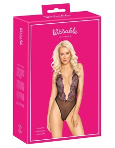 Body extra scollato di kissable realizzato in pregiato powernet nero con intricati ricami floreali