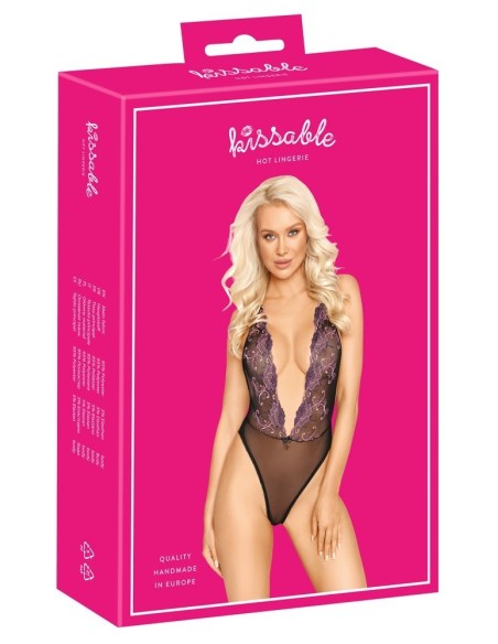 Body extra scollato di kissable realizzato in pregiato powernet nero con intricati ricami floreali