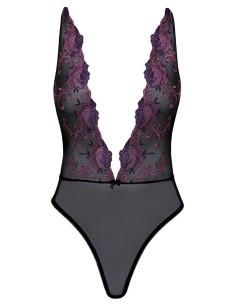 Body extra scollato di kissable realizzato in pregiato powernet nero con intricati ricami floreali 2