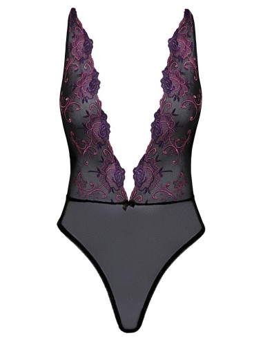 Body extra scollato di kissable realizzato in pregiato powernet nero con intricati ricami floreali