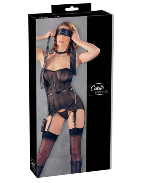 SET FETISH NERO CON CORPETTO TRASPARENTE E ACCESSORI  - COTTELLI BONDAGE