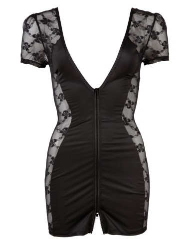 ABITO CORTO NERO IN TESSUTO ELASTICO E PIZZO ZIP FRONTALE