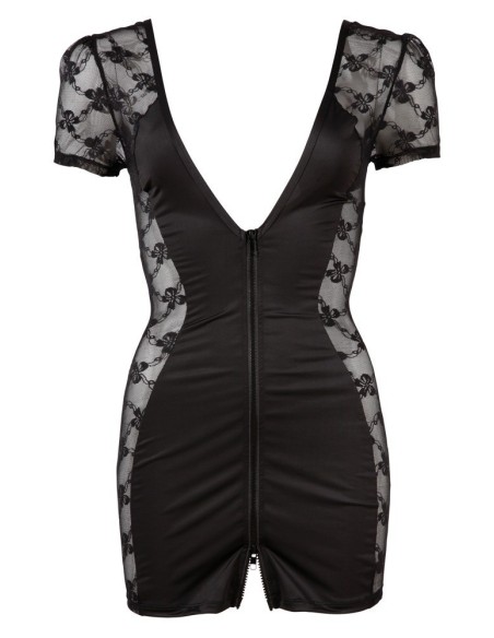 ABITO CORTO NERO IN TESSUTO ELASTICO E PIZZO ZIP FRONTALE