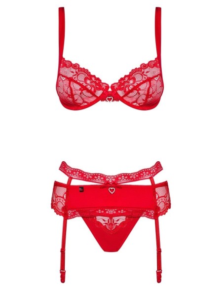 Reggiseno, reggicalze e perizoma rio in un set di seduzione in 3 pezzi con pizzo nobile e gioielli scintillanti di strass